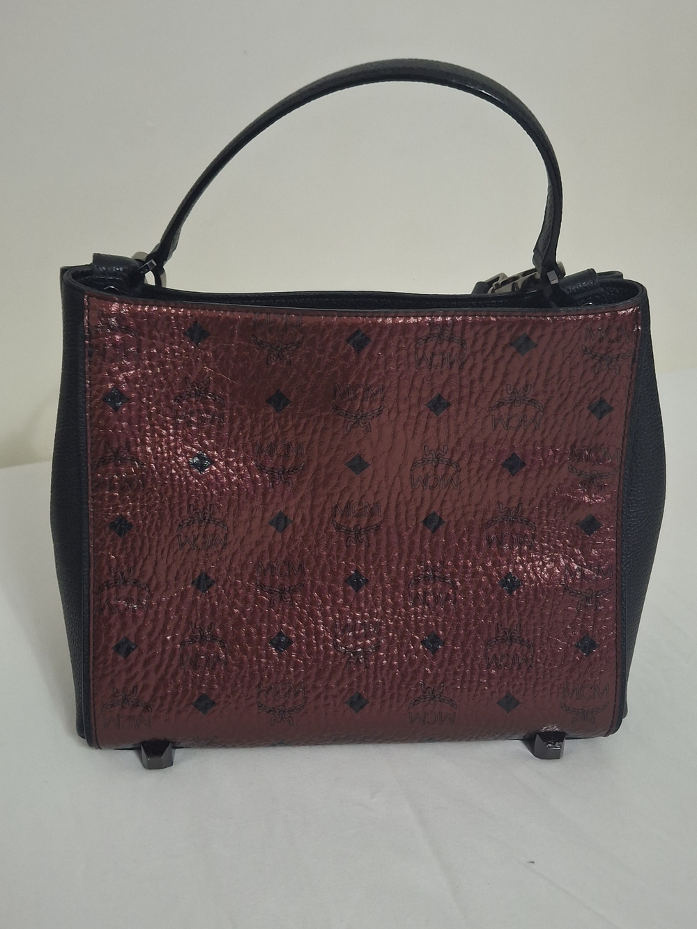 MCM Milla Metallic Burgundy & Black Pebbled Leather Medium Tote Shoulder Bag